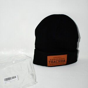 SWIMLANCE World's Best Teacher Knit Beanie Hat, Black Leather Patch, NWT Brand: